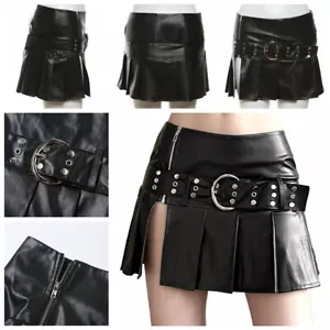 Women Skirt Pleated With Slit Mini Outfits Punk Low Rise Solid Ruffle Gothic - Picture 1 of 20