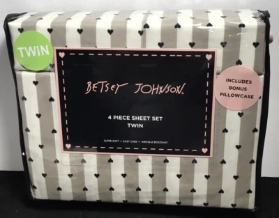 BETSEY JOHNSON 4 PC HEARTS 🖤 STRIPES DESIGN TWIN SHEET SET Ivory Tan Black NWT - Image 1 of 4