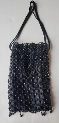 Black Beaded Drawstring Evening Bag Prom Formal 20s Flapper Accessory Purse READ - Image 1 of 4