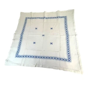 Bridge Small Woven Embroidered Tablecloth Blue White Cottage Granny Core READ - Picture 1 of 9