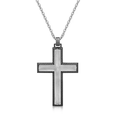 Stainless Steel Textured Gun Metal Gray Cross Pendant with 24 Inch Cable Chain - Image 1 of 4
