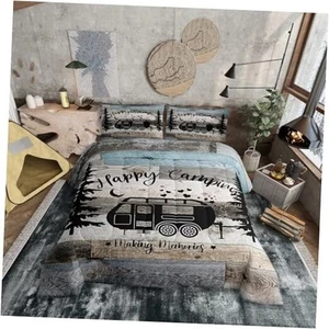 Rustic Farmhouse Style Comforter 2 Pieces, Happy Camping Duvet Twin Multi 116 - Picture 1 of 7