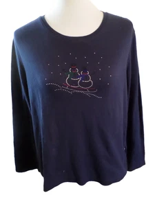 Ladies Size XL Breckenridge Navy Blue L/S Embellished SNOWMEN Shirt Cotton Poly - Picture 1 of 4