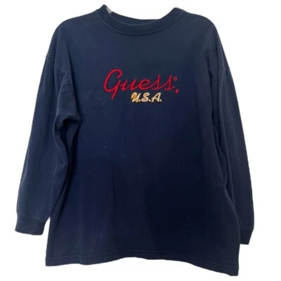 GUESS Vintage Long Sleeve Tee Blue Red Gold Logo Embroidered Made in USA Medium - Image 1 of 4
