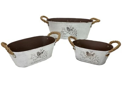 Maceta de metal 3 pájaros mango de cuerda francesa campo rústico granja blanco gris Foto 1 de 4