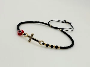 Pulsera Negra Con Cruz Y Ojo Turco Rojo Hecho A Mano Nueva - Imagen 1 de 2