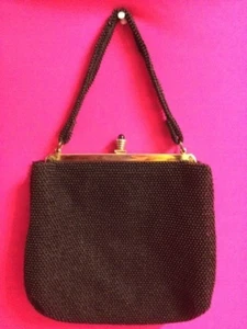 Vintage Petite Bead Lumured Purse Handbag Black Beaded Coin Purse Single Handle - Picture 1 of 11