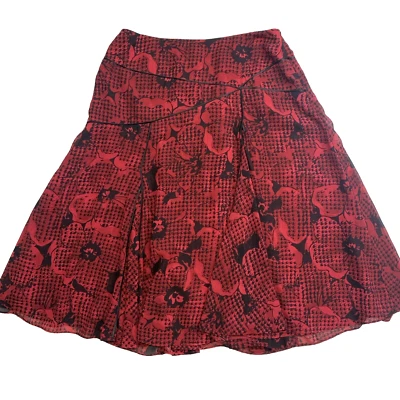 Coldwater Creek Skirt Sz M (10/12) Red Black Houndstooth Floral Flare Chiffon - Image 1 of 4