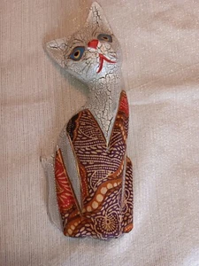 Statuina BOHO primitiva crepitio dipinto a mano gatto arte popolare intagliato legno 8" - Foto 1 di 6