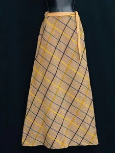 Vintage 1970s tan plaid maxi skirt, brown wool tweed black gold stripe A line S - Picture 1 of 5