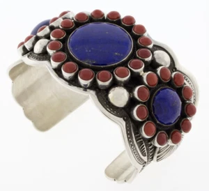 Natural Lapis & Mediterranean Coral Bracelet By Navajo Artist Darrell Cadman - Picture 1 of 5