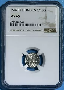 Netherlands East Indies 1942 San Francisco Silver 1/10 Gulden Choice BU NGC MS65 - Picture 1 of 2