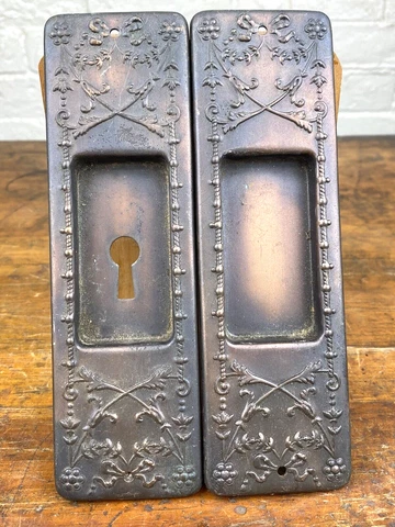 Pair Victorian Pocket Door Recessed Handles, Copper Sliding Door Hardware, Clean Cover