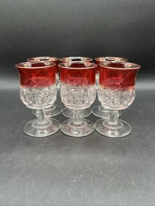 Kings Crown Ruby Red Flash Thumprint Cordial/ Juice Glasses Set Of 6 Vintage - Picture 1 of 9