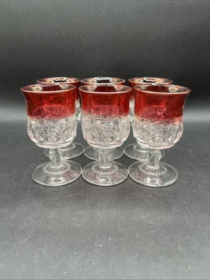 Kings Crown Ruby Red Flash Thumprint Cordial/ Juice Glasses Set Of 6 Vintage - Image 1 of 4