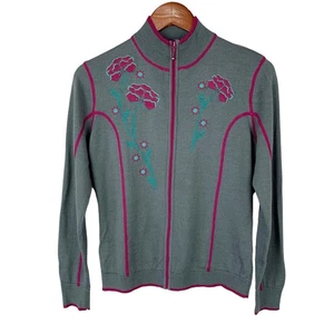 Cabelas Cardigan Sweater Full Zip Grey Purple Flowers Merino Wool Knit Women's S - Picture 1 of 8