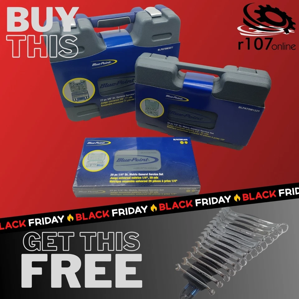 3 x Blue Point Socket Sets, 29pc 1/4", 77pc 3/8", 32pc 1/2"with FREE Wrench Set - Image 1 of 4