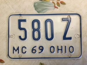 Placa de licencia de motocicleta Ohio MC 1969 100 % original # 580Z en muy buena condición - Imagen 1 de 3