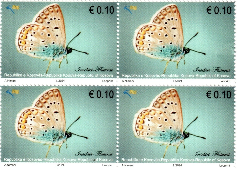 Estampillas de Kosovo 2024 (reimpresión 2012). Fauna: Mariposa. Bloque definitivo de 4 MNH Foto 1 de 1