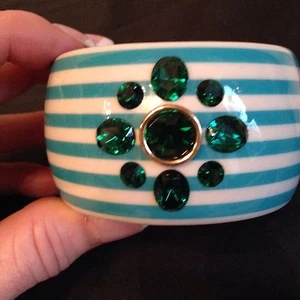 NEW JUICY COUTURE Blue Striped Bangle Bracelet Green Rhinestone - 2" Wide - Picture 1 of 10