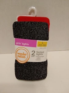 Wonder Nation Girls Footed Tights Stretch Large 12-16 Pack of 2 Black/Red - Picture 1 of 8