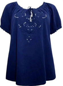 NEW LADIES TUNIC TOP PURE COTTON NAVY EMBROIDERED SCOOP NECK SMOCK STYLE M COLLE - Picture 1 of 3