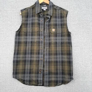Carhartt Flannel Shirt Vest Sleeveless Plaid Workwear Slim Fit M Trucker Gray - Picture 1 of 9