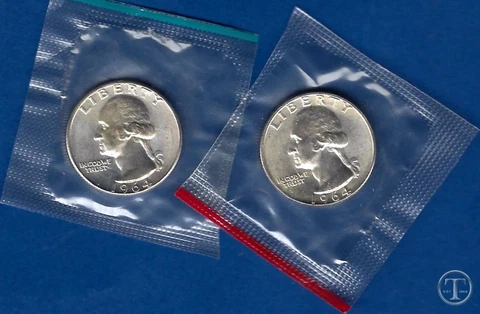 1964 P AND D 90% Silver Washington Quarters BU in Mint Cello-Two Quarter Lot Cover