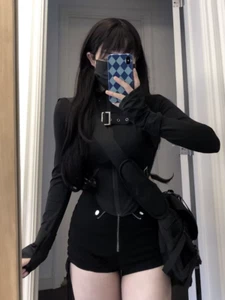 2025 Summer Slim Fit Zipper Long Sleeve Black Top Women High Waist Shorts Set - Picture 1 of 11