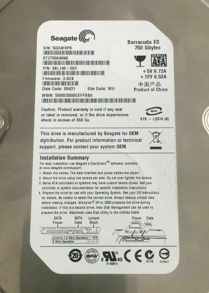 Seagate Barracuda 750GB 7200RPM SATA 3Gbps 3.5" LFF Hard Disk Drive ST3750630AS - Image 1 of 1