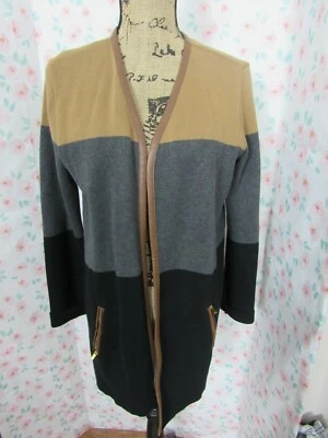 CHARTER CLUB, CÁRDIGAN ABIERTO A RAYAS MANGA LARGA POLI BRONCEADO/GRIS PARA MUJER, TALLA M Foto 1 de 4