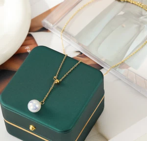 Titanium White Pearl Gold Pendant Tassel Adjustable Chain Necklace - Picture 1 of 3