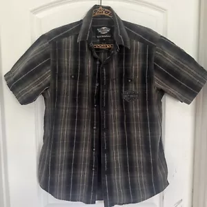 Camisa informal Harley Davidson para hombre mediana manga corta botón gris negro a cuadros - Imagen 1 de 7