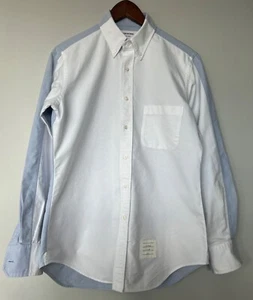 Thom Browne Long Sleeve Panelled Oxford Shirt, Cotton, White/Blue, Size 3 (M) - Picture 1 of 9