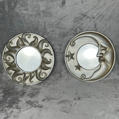 "Par de espejos vintage de sol y luna celestiales de los años 90 tono plateado 12"" diámetro boho" Foto 1 de 4
