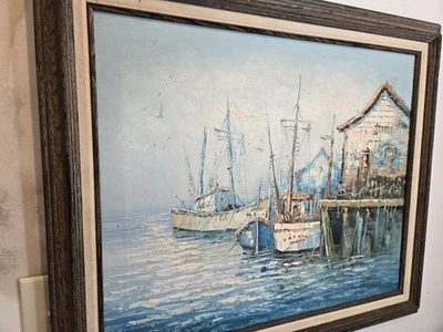 Винтажный современный масло на холсте гавани с подписью "Herenez" 1970ish - Изображение 1 из 4