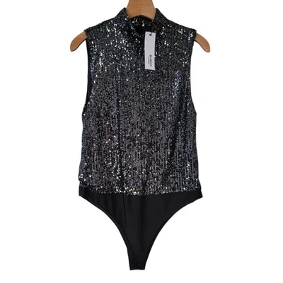 BB Dakota by Steve Madden Truth Aura Dare Bodysuit in Black Sequin Sz L NWT - Image 1 of 4