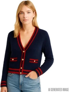 Aqua Cashmere Stripe Trim Novelty Button Cashmere Cardigan - SZ S - Picture 1 of 7