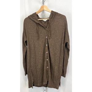 J. JILL Knopfleiste Kapuze Tunika Cardigan Langarm Taschen Leinen Baumwolle braun L - Bild 1 von 9