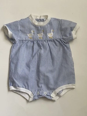 Vintage Newborn Baby Blue Seersucker One Piece Romper Embroidered With Ducks - Image 1 of 4