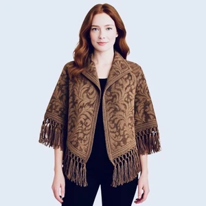 Lanart Brown Tan Alpaca Fringe Shawl Poncho Capelet Wrap One Size - Picture 1 of 9