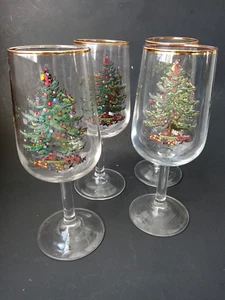 Set of 4 1970s Spode Christmas Tree 12 oz. Goblets Gold Rim Made in France - Picture 1 of 15