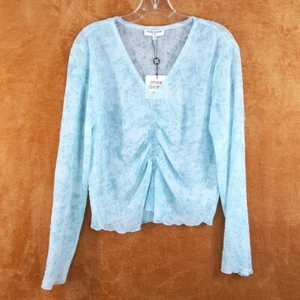 OPENING CEREMONY Top Womens Large Blue Pullover Crinkle Sheer Cinched VNeck Knit - Picture 1 of 8