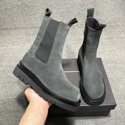 Botas Chelsea Británicas de Suela Gruesa Pull On para Hombres al Tobillo Cuero Gamuza Real Punta Redonda Foto 1 de 4