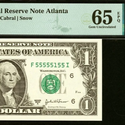 2003A $1 Federal Reserve Note PMG Gem 65EPQ - Near Solid Serial Number 55555155 - Image 1 of 3
