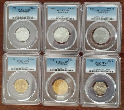 🔥SPITZBERGEN ORIGINAL 6 DIF UNC COINS SET 0.10 5 ROUBLES 1998 YEAR PCGS MS64-67 Cover