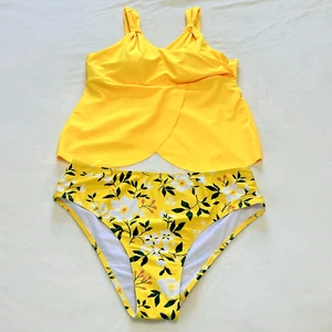 Beachsissi Women's Yellow Cute Flower Printed Twist Front Tankini Set Size Large - Picture 1 of 14