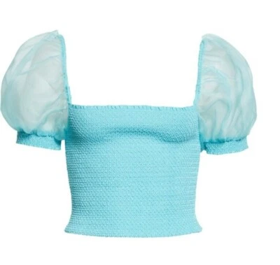 Top corto Alice + Olivia Eliana con ribete de seda manga abullonada en aguamarina talla Xs Foto 1 de 4