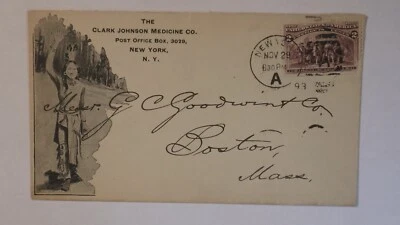 1893 New York Clark Johnson Medicin Co. Indian Illustrated 2c Columbian Ad Cover - Image 1 of 2