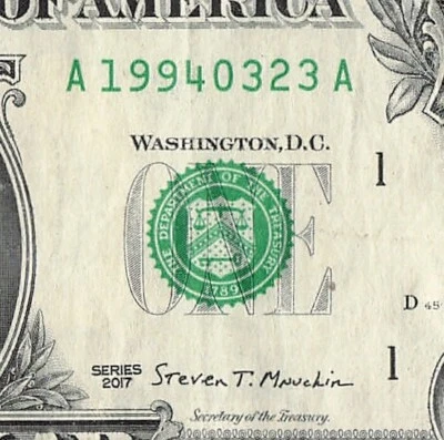 MAR 23 1994 Date Note Fancy Serial Number One Dollar Bill 03 23 1994 - Image 1 of 4